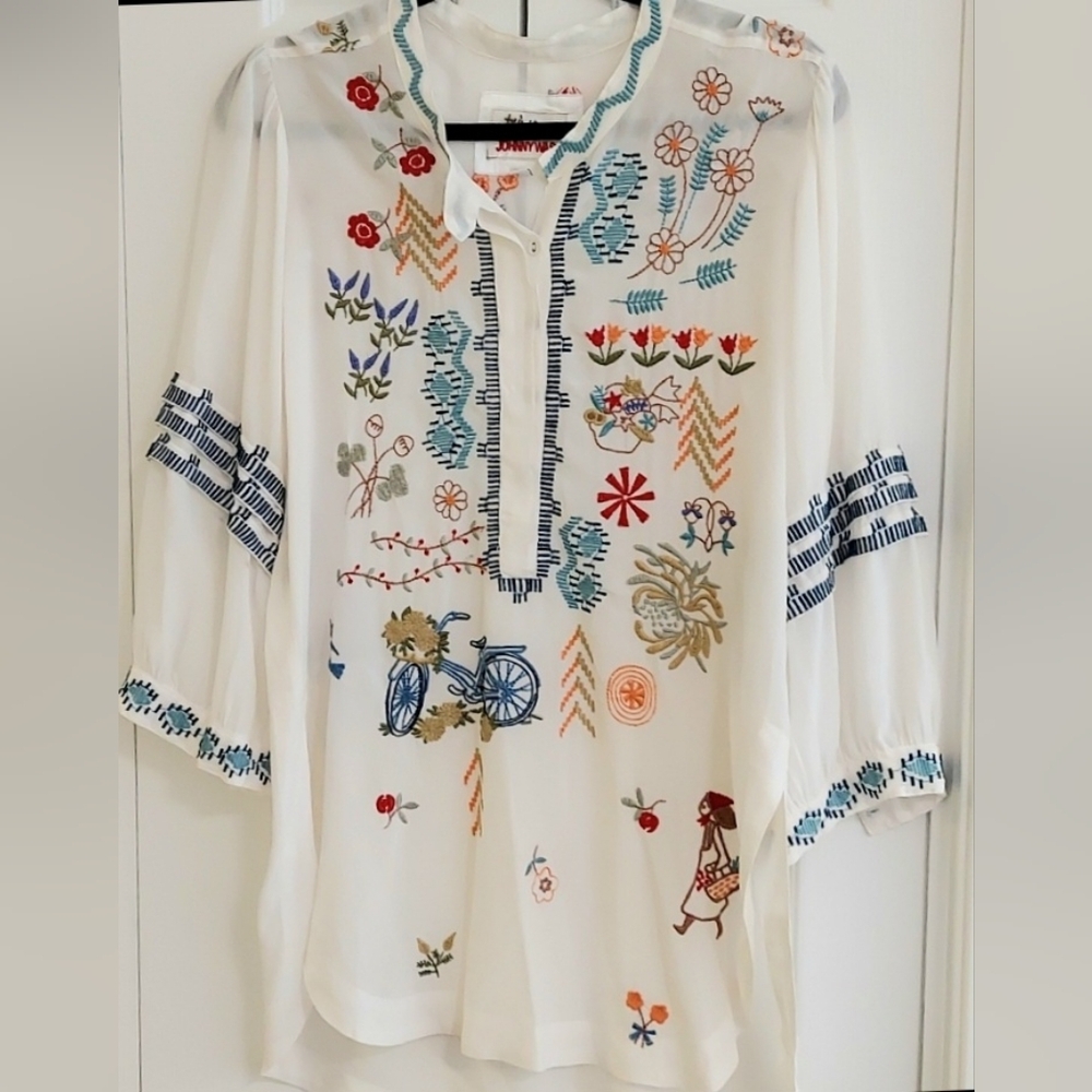 Johnny Was BIYA Top, Size XS, White Tunic, 100% Silk, Embroidered
